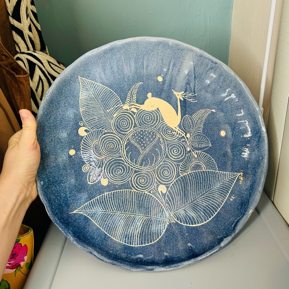 Vintage Mexico Tlaquepaque Pottery Reindeer Floral Decorated 14 Inch Platter